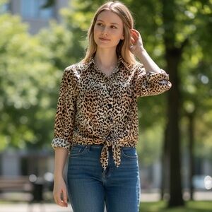 Chicos Womens Leopard Cheetah No Iron Tie Front Button Down Shirt Blouse Top